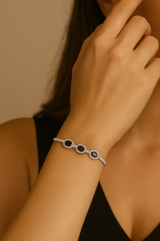 Elegant Silver Adjustable Bracelet with Black Oval Stones | Luxury Women’s Partywear Jewelry