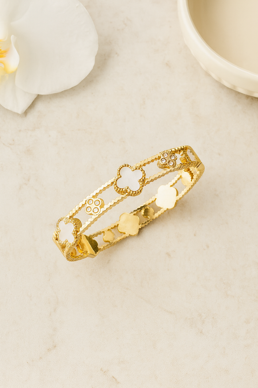 Clover Design Mother of Pearl Handcuff Bracelet