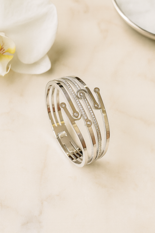 Bold Silver Geometric AD-studded Hand Cuff Bracelet