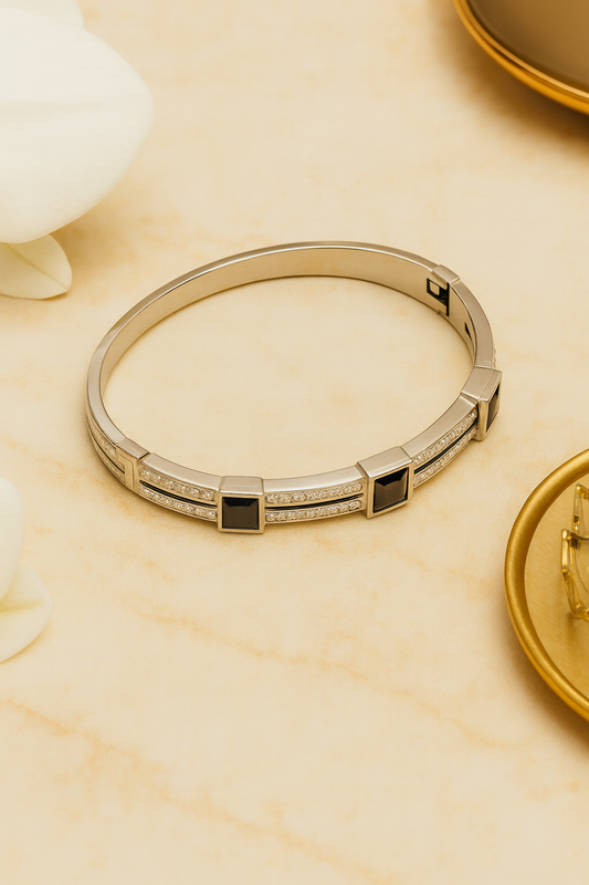 Full AD-Studded Handcuff Bracelet with Black Stones
