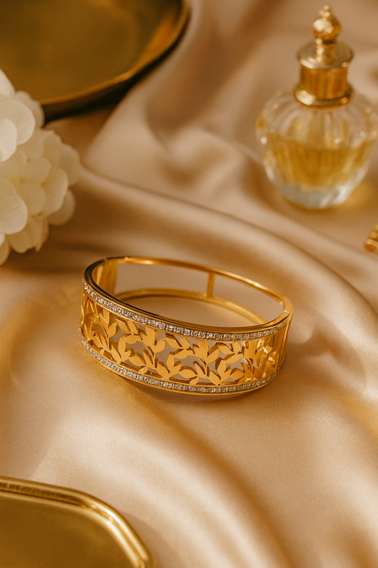 Classic Flower Design Heavy AD-Studded Handcuff Bracelet