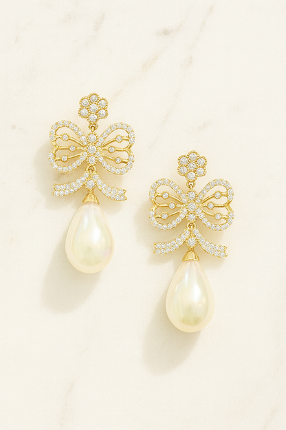 Luxury Bow Pearl Drop Earrings | Gold-Plated Party Wear Earrings for Women & Girls
