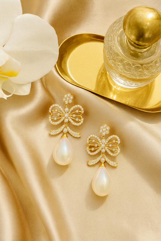 Luxury Bow Pearl Drop Earrings | Gold-Plated Party Wear Earrings for Women & Girls
