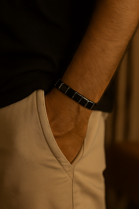 Unisex Premium Ceramic Cuff Bracelet with safe locking mechanism | Black & Silver Lining